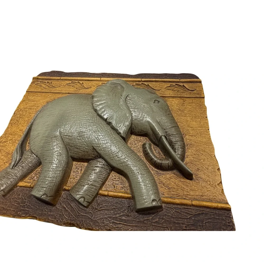 Vintage Elephant Wall Plaque Resin Faux Wood Relief Safari Wildlife Decor 11x9